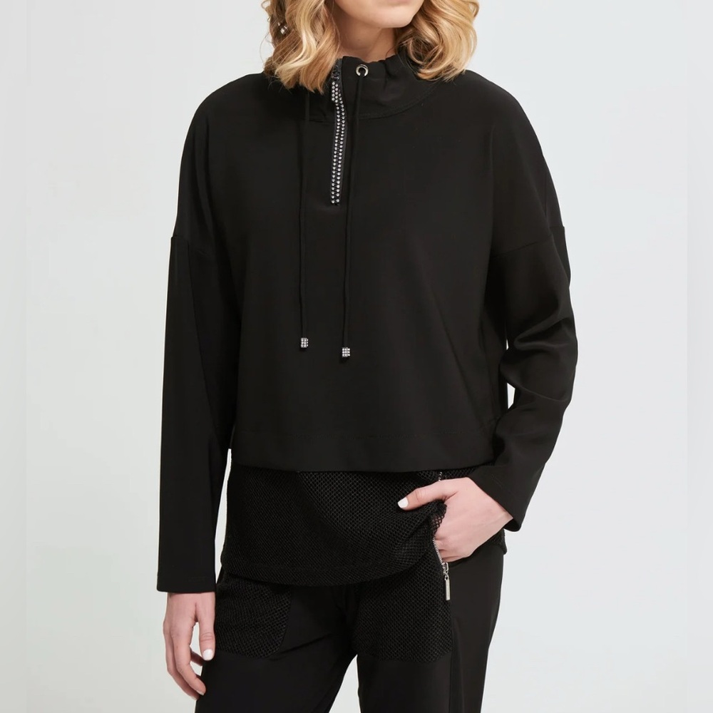 Joseph Ribkoff Womenโs Black Embellished Zip Top Tiered Net Sheer Size 4